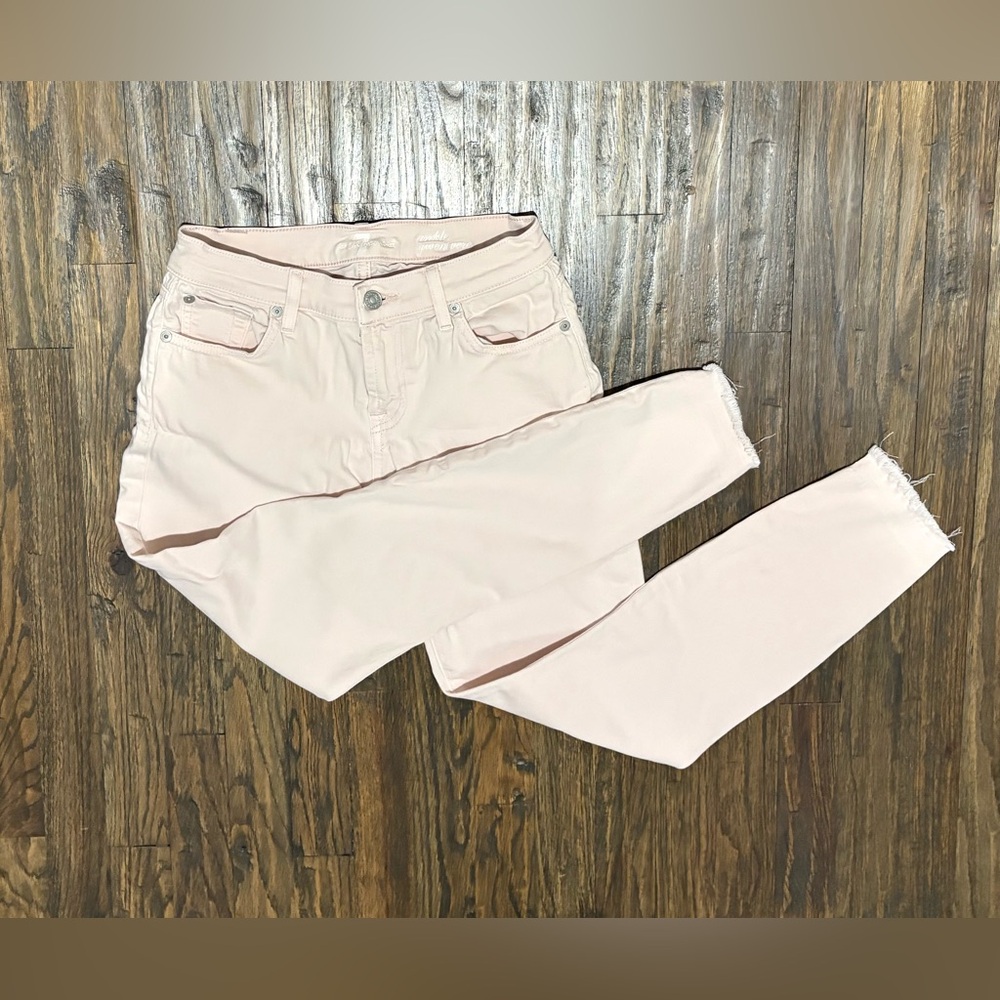 7 for all Man Kind High-Rise Skinny Jeans in Soft Blush Pink capri frayed leg 26